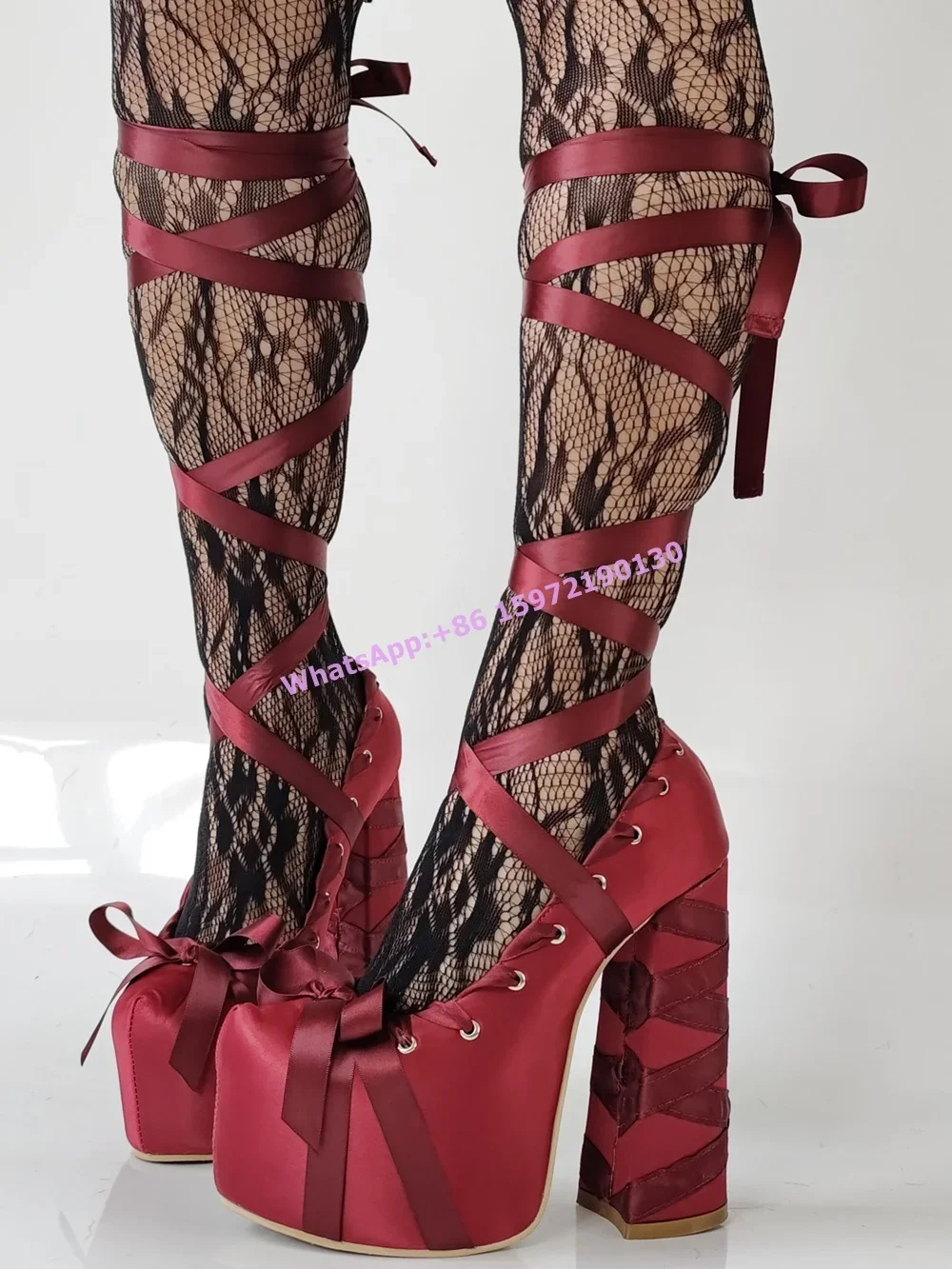 Ribbon Tie Heel - Sepatu pump Platform pita Satin merah