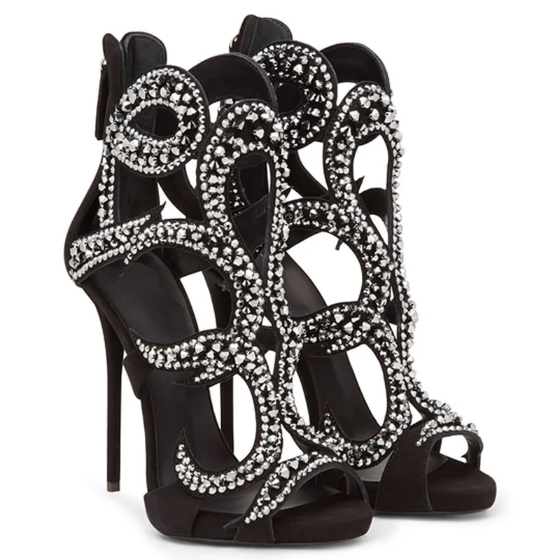 Women Shoes Zipper - Sandal Stiletto Warna Campuran Kristal Mengkilap