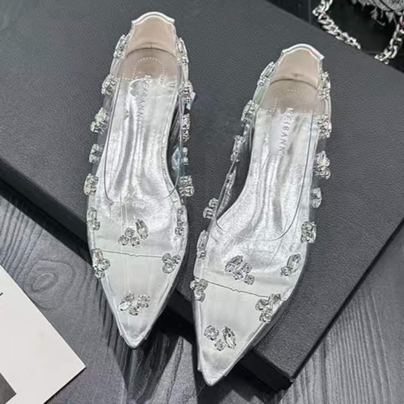 Pointed Toe Flat - Sepatu Wanita Transparan PVC Berhias Rhinestone