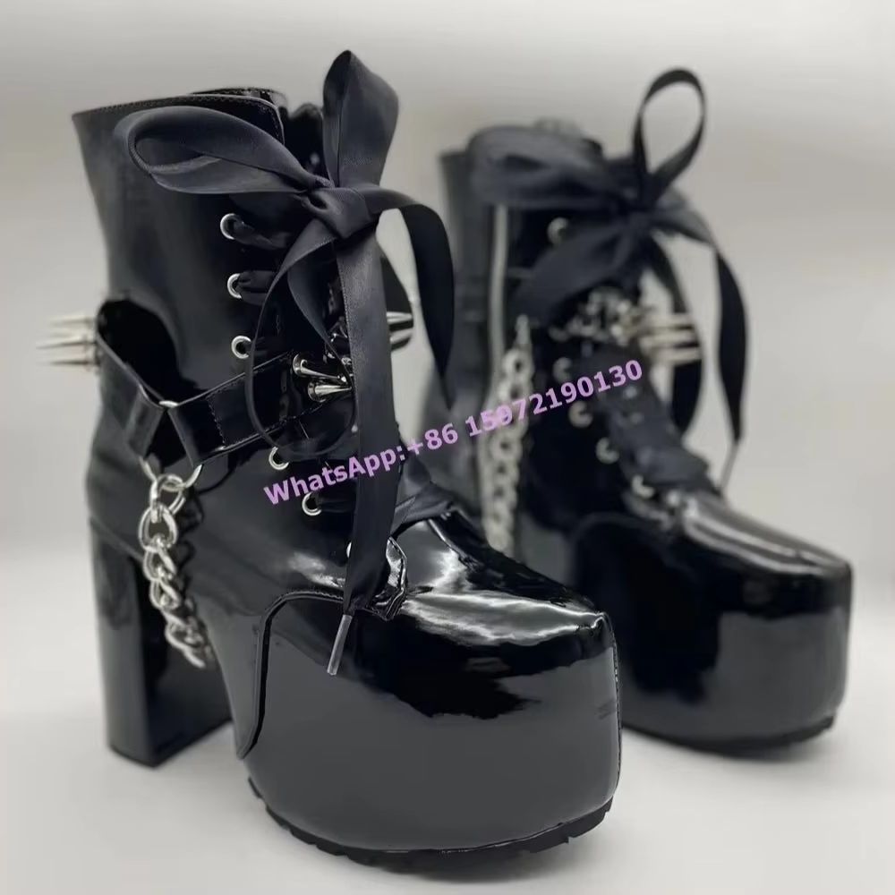 Ribbon Tie Heel - Sepatu Boots Hitam Model Rivet dengan