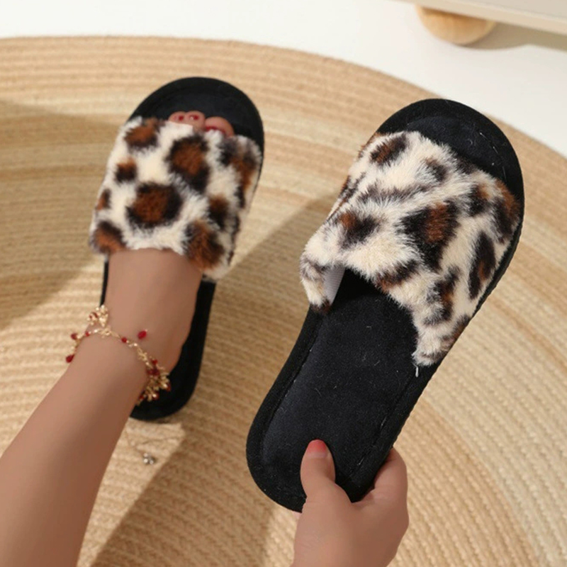 Fluffy Fur Slipper - Sandal Rumah Bulu Leopard Vintage Wanita