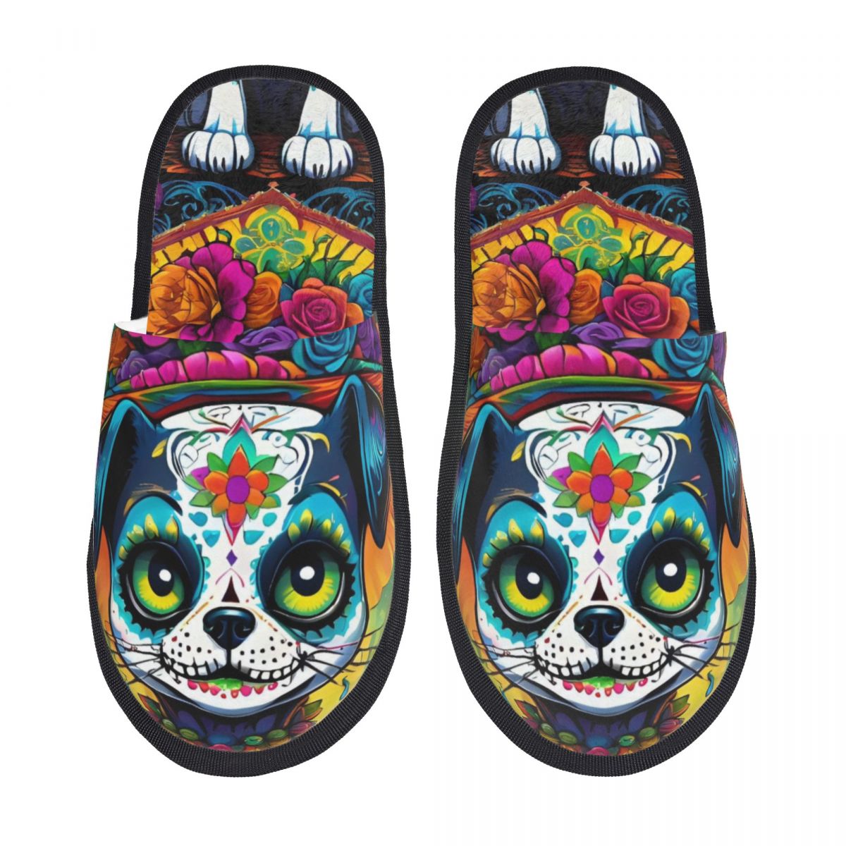 Fluffy Fur Slipper - Sandal Rumah Wanita Motif Tengkorak Bunga