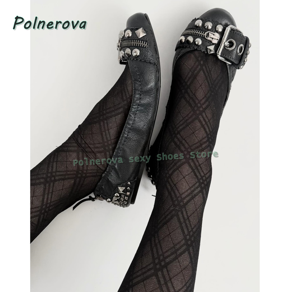 Pointed Toe Flat - Sepatu Mary Jane dengan Gesper Rivet,