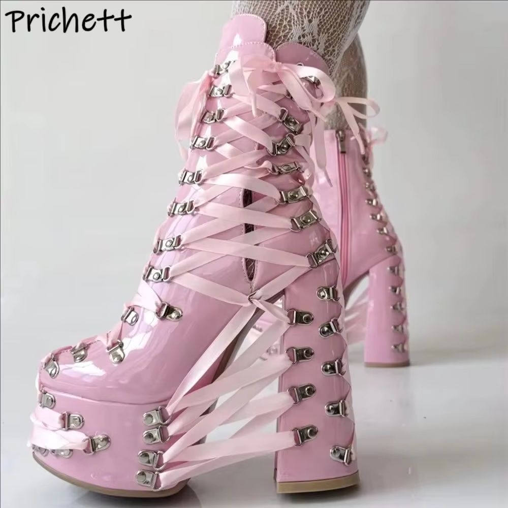 Sepatu Boots Wanita Black Pink - Ribbon Tie Heel ulasan dan harga