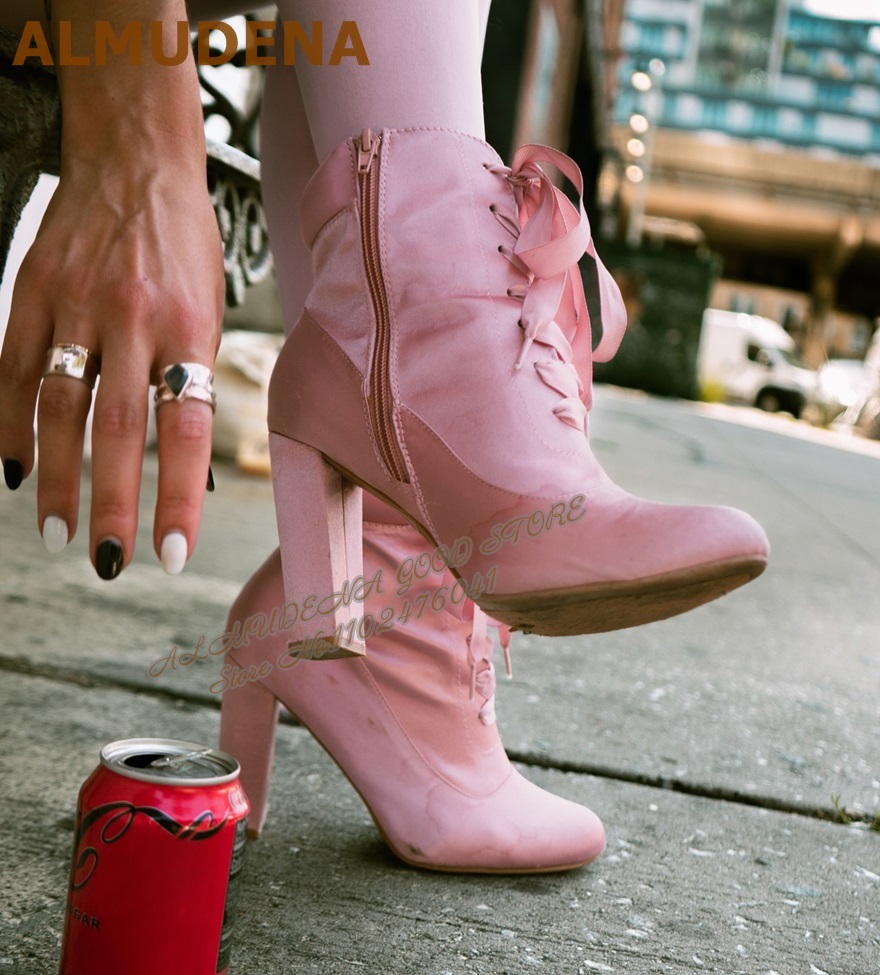 Sepatu Boots ALMUDENA Pink Sat - Ribbon Tie Heel ulasan dan harga
