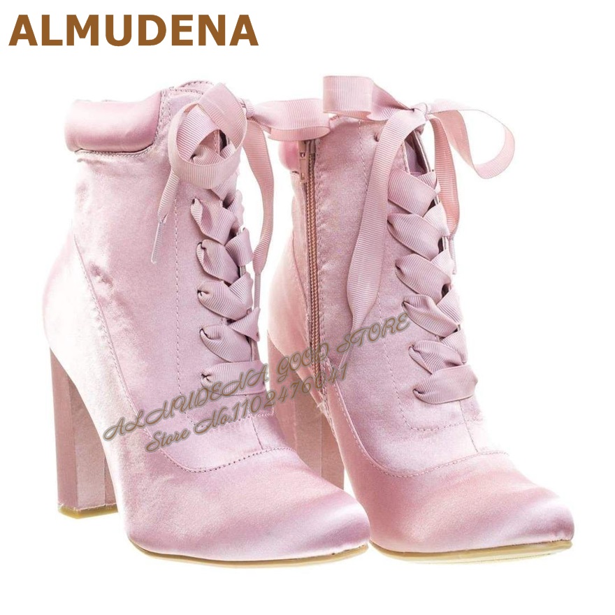 Sepatu Boots ALMUDENA Pink Sat - Ribbon Tie Heel ulasan dan harga